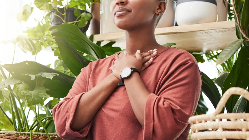 Wellness Peace And Woman Breathing By Plants For Meditation In A Natural Greenhouse
