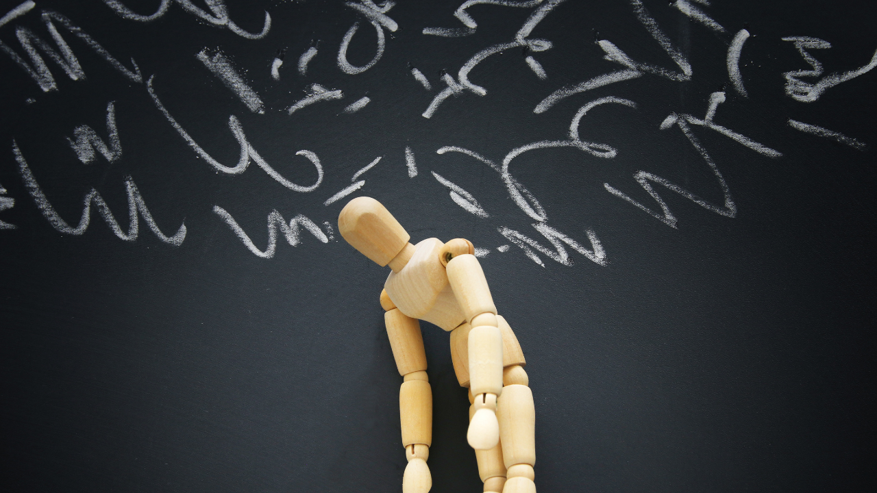 Image Of Wooden Dummy With Worried Stressed Thoughts. Depression, Obsessive Compulsive, Adhd, Anxiety Disorders Concept.